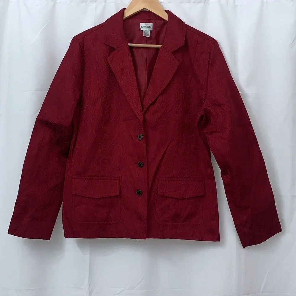 Chico's Size 2 Dark Red Floral Jacquard Blazer Jacket Mens Large‎ L 3-Button Red